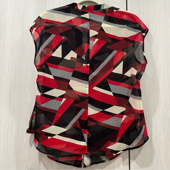 NEW Metaphor | Red, Grey, Black Abstract Cap Sleeve Button Down Blouse | Large - Picture 2 of 8